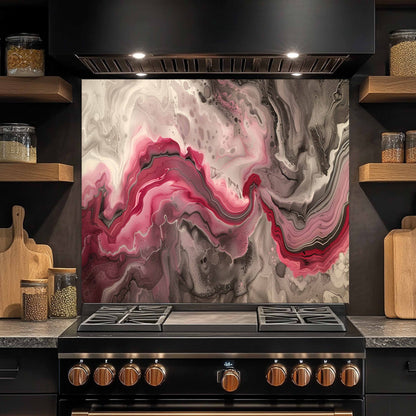 Kitchen stove with a colorful abstract design backsplash