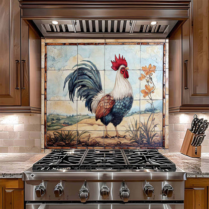 Stainless steel gas stove with decorative glass backsplash featuring a rooster design in a kitchen setting.