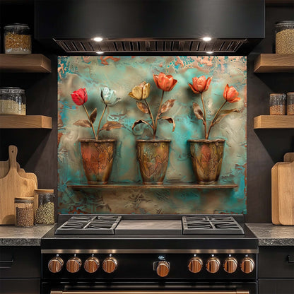 Decorative glass backsplash with floral design above a stove in a kitchen.