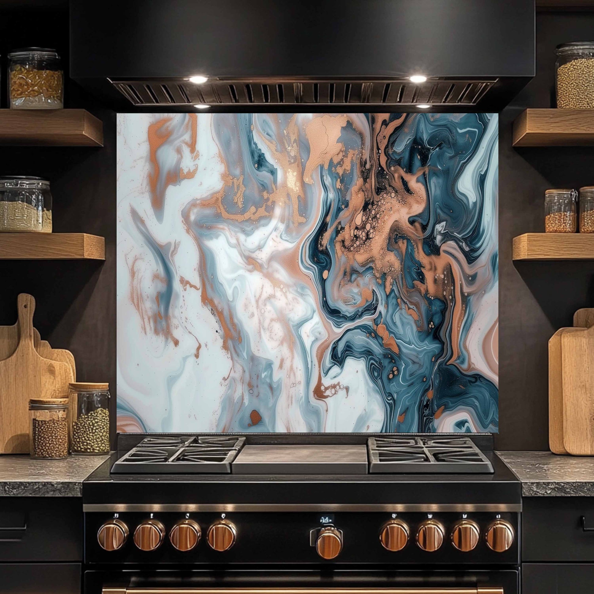 Stainless steel stove with abstract marbled design backsplash in a kitchen setting