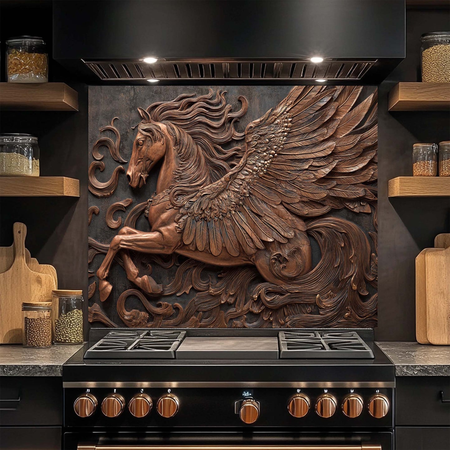 Decorative glass backsplash with a winged horse design above a stove in a kitchen.