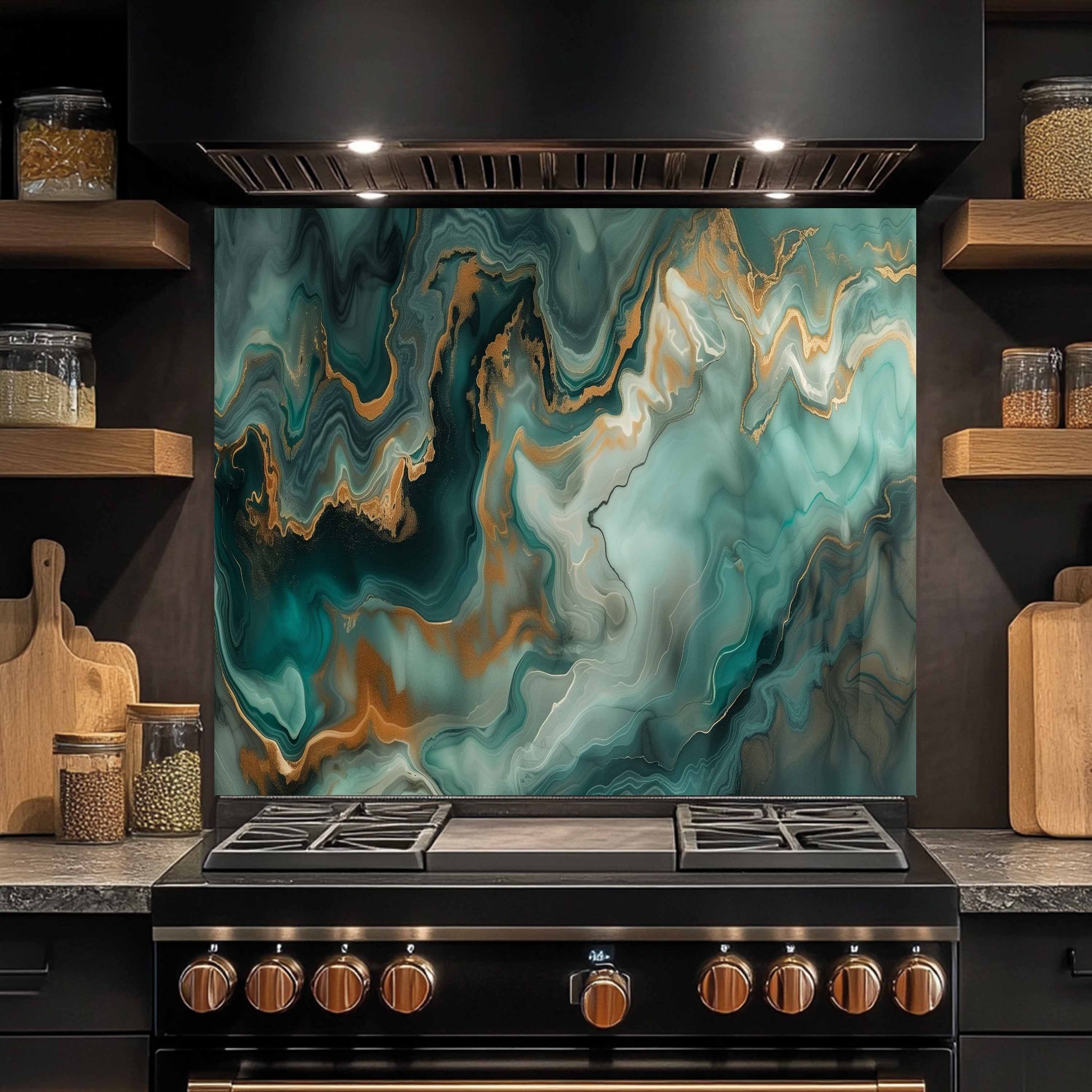 Stainless steel stove with a decorative backsplash featuring swirling blue, gold, and white patterns in a kitchen setting.
