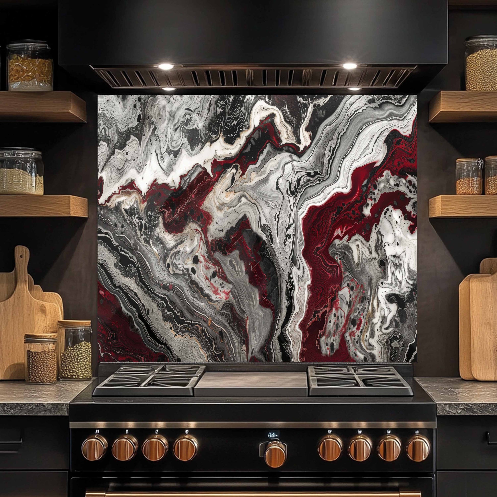 Kitchen stove with a marbled backsplash and wooden shelves.