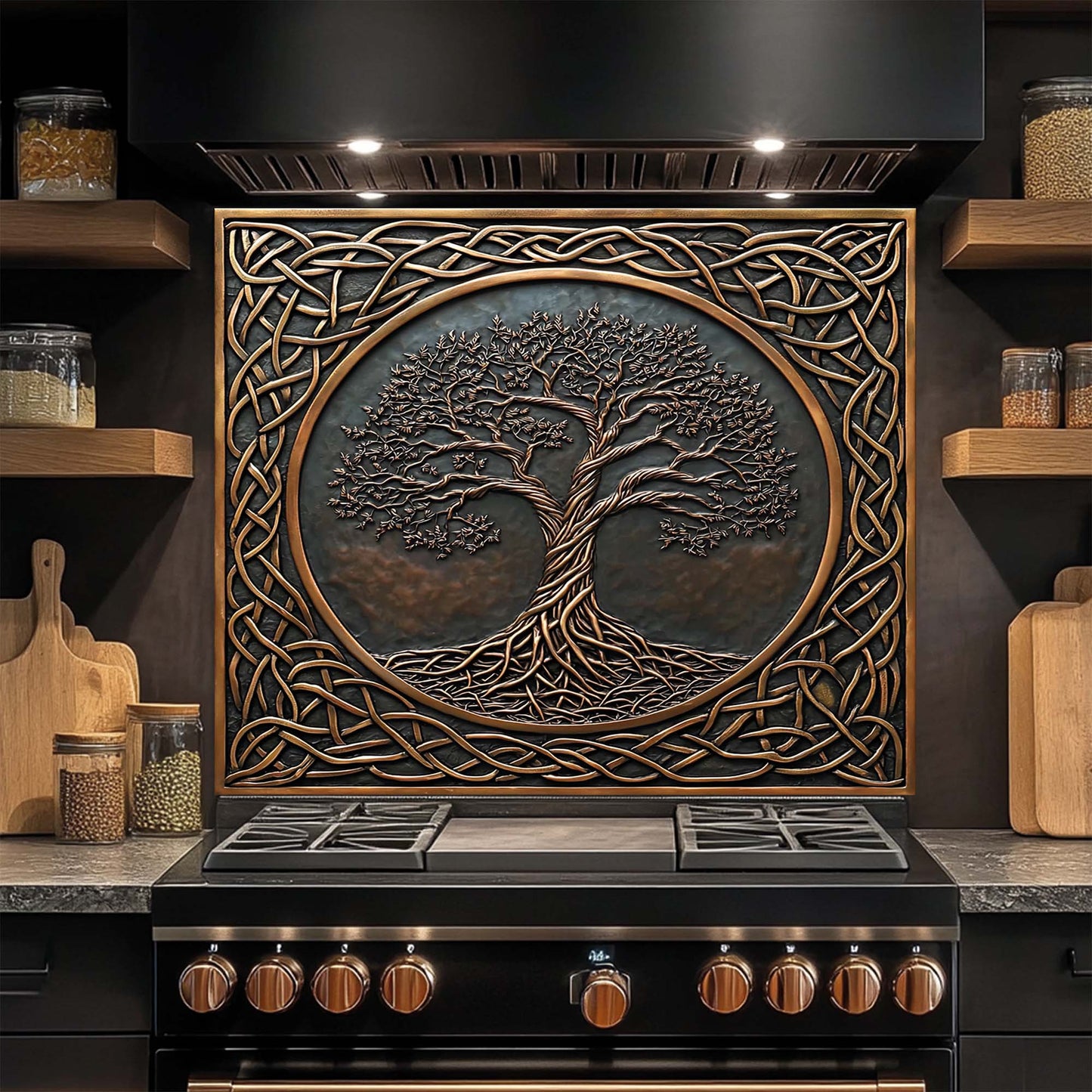 Decorative glass backsplash with a tree design above a stove in a kitchen setting.