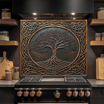 Decorative glass backsplash with a tree design above a stove in a kitchen setting.
