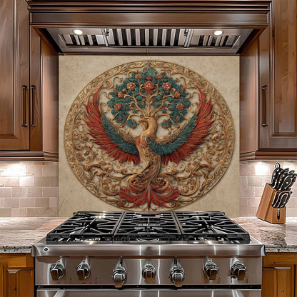 Stainless steel gas stove with decorative glass backsplash featuring a phoenix and tree of life in a kitchen setting.