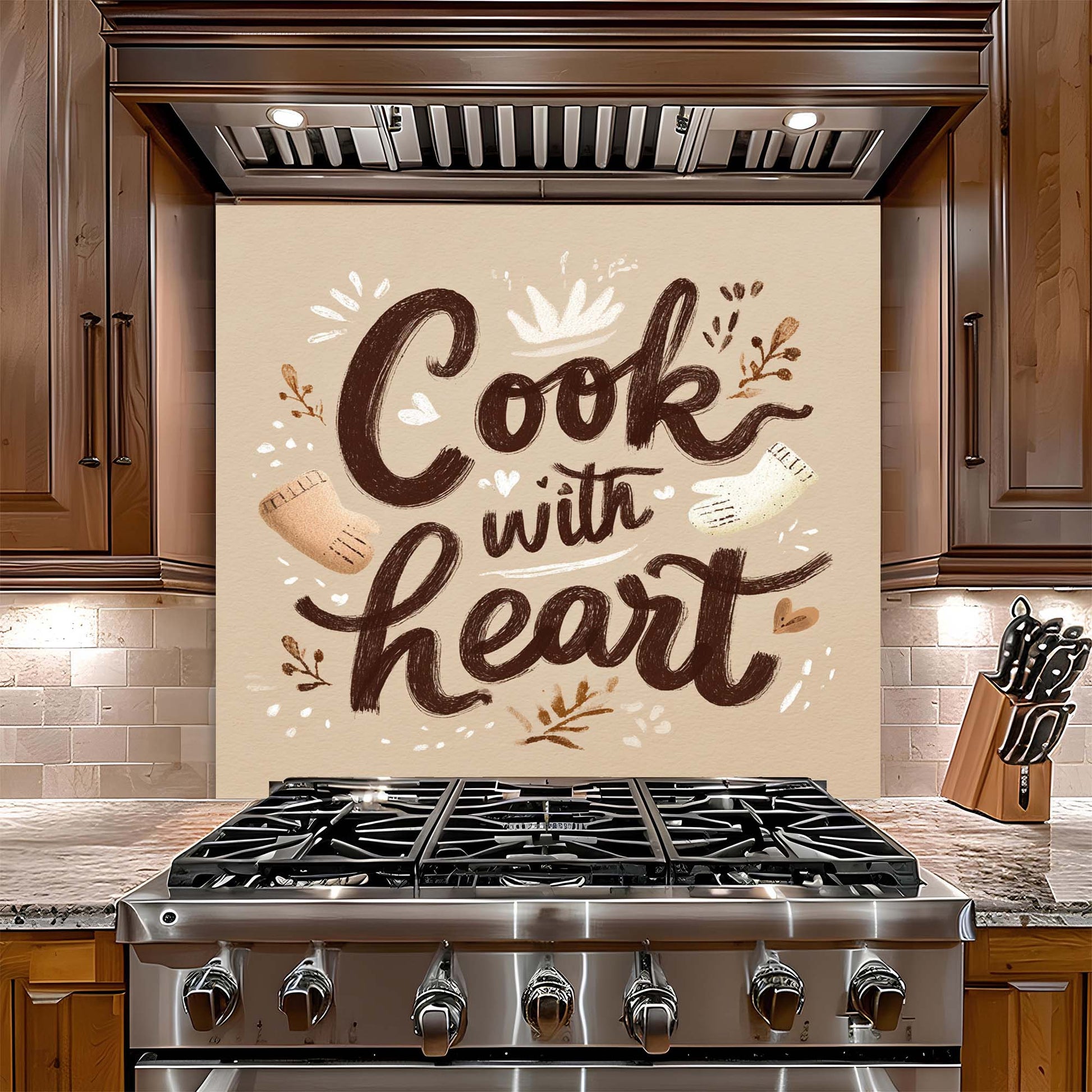 Stainless steel gas stove with decorative glass backsplash in a kitchen setting