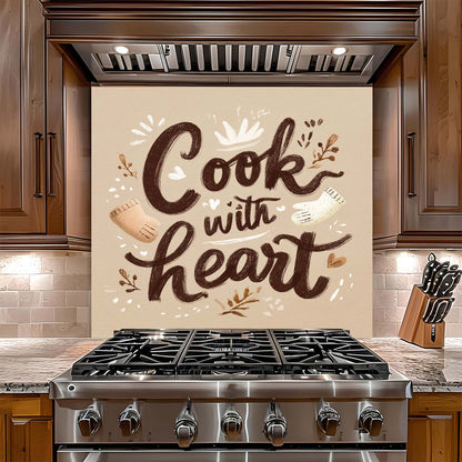Stainless steel gas stove with decorative glass backsplash in a kitchen setting