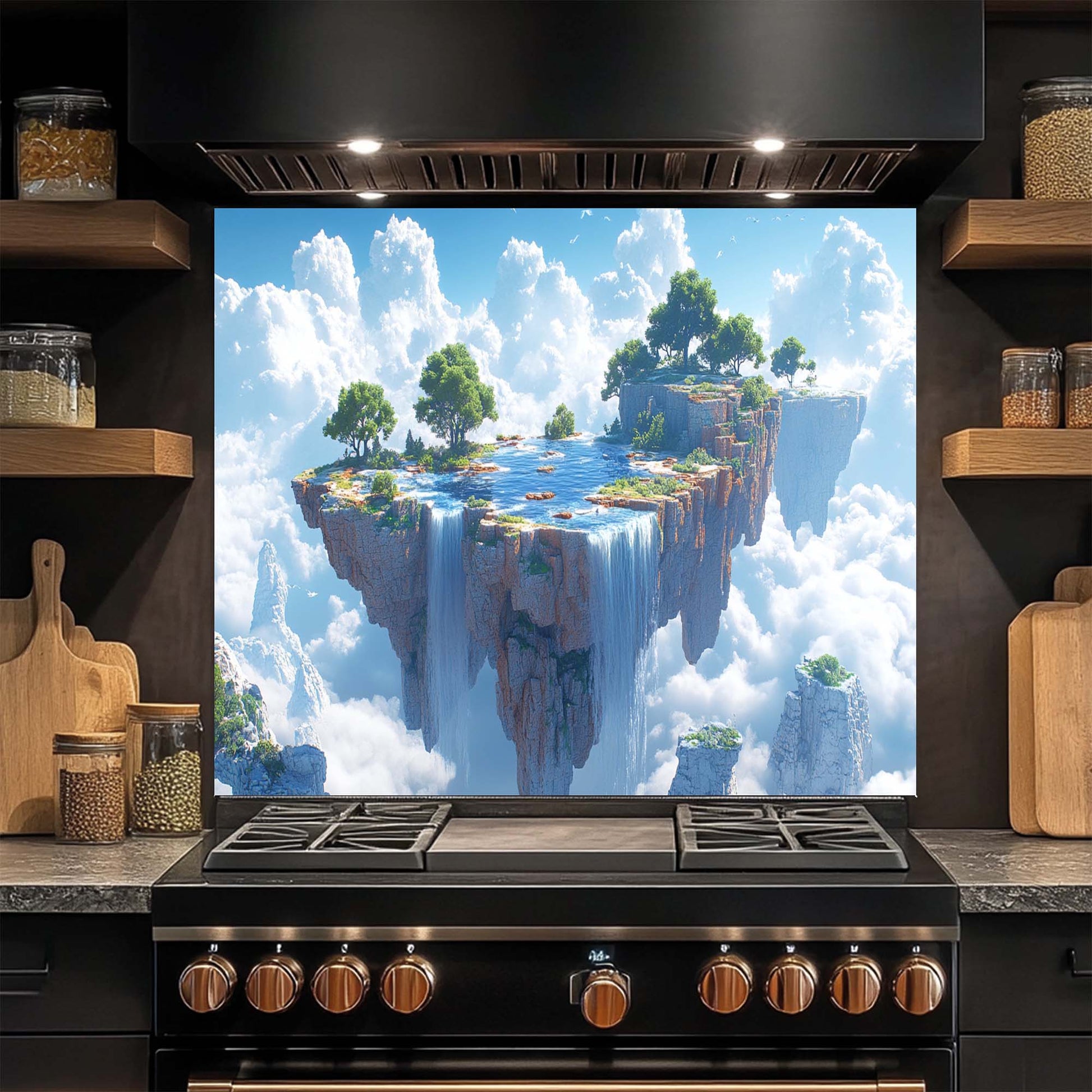 Kitchen stove with a scenic glass backsplash of a floating island with waterfalls and trees.
