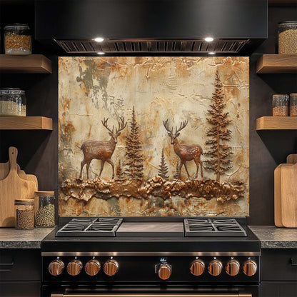 Rustic kitchen glass backsplash with two copper deer in forest. Durable tempered glass, heat-resistant & custom-sized.