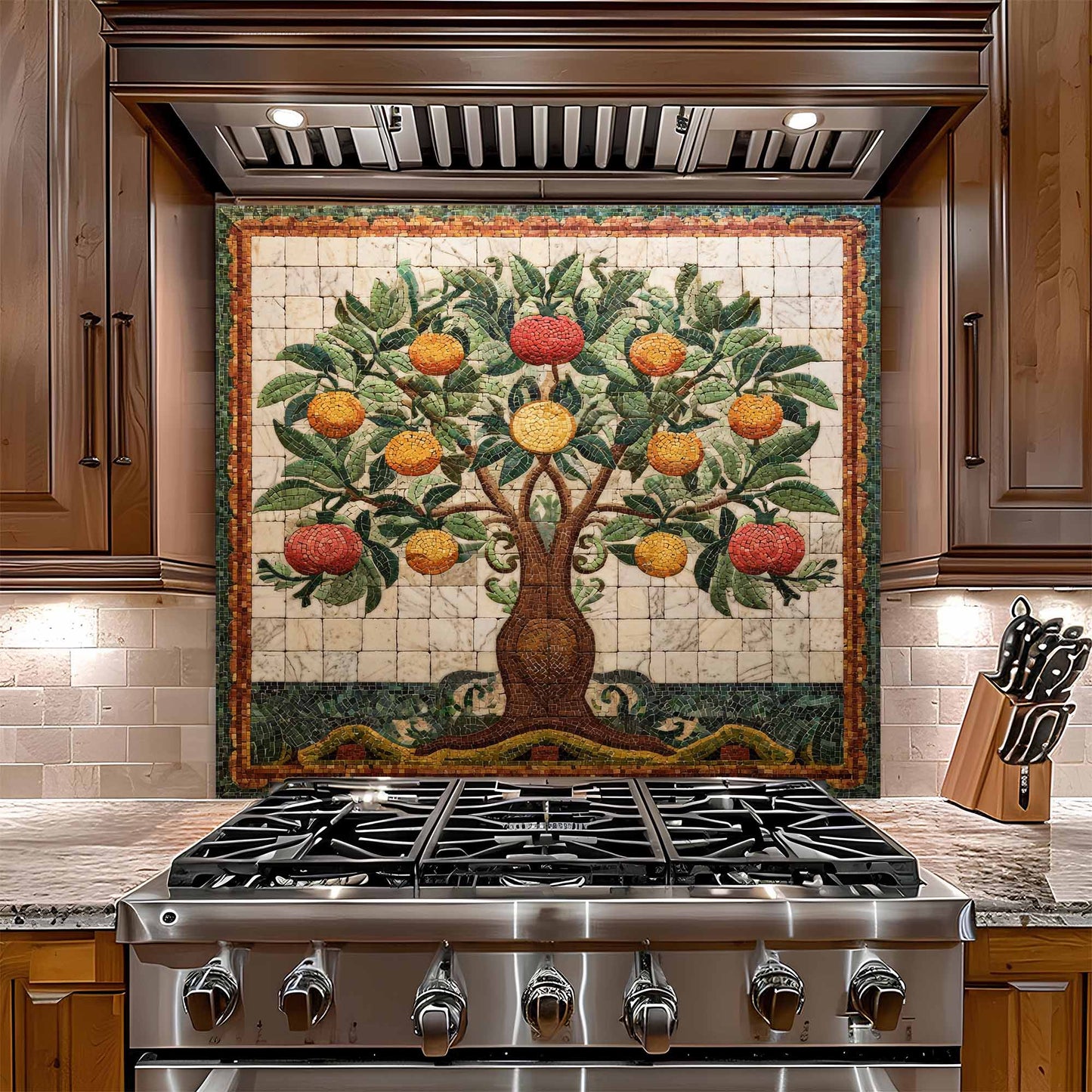 Stainless steel stove with decorative glass backsplash featuring a tree design in a kitchen setting.