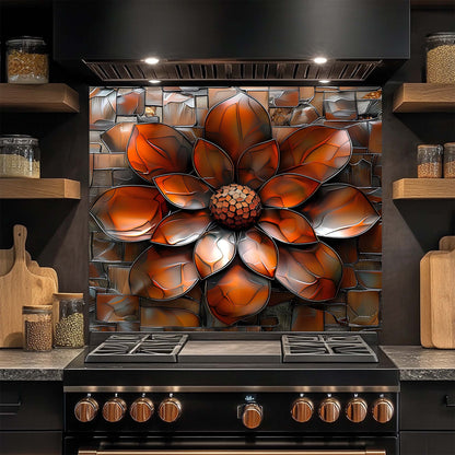 Burnt Petal – Tempered Glass Backsplash for Kitchen | Copper Look Flower Backsplash