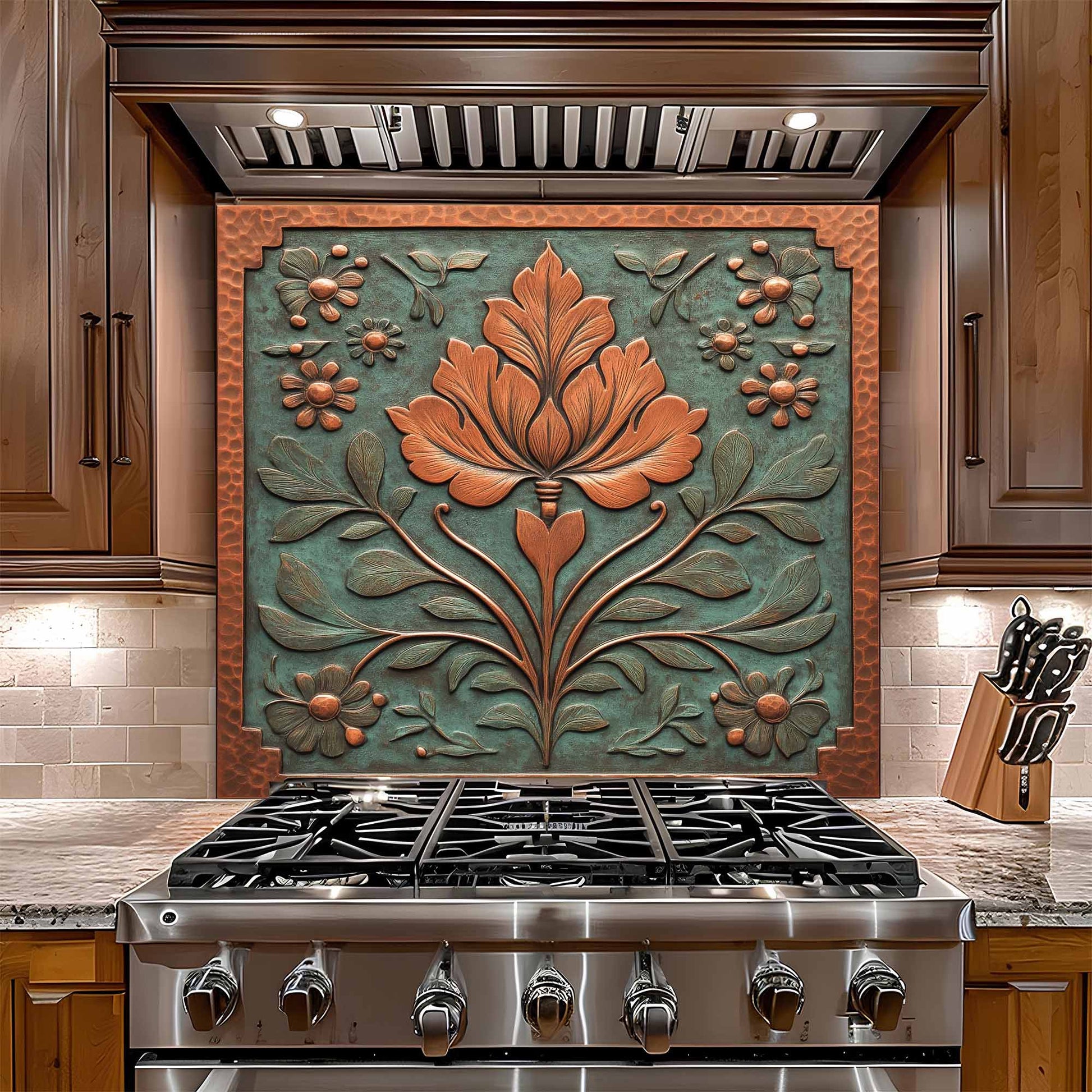 Decorative glass backsplash above a stove in a kitchen
