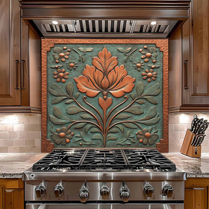 Decorative glass backsplash above a stove in a kitchen