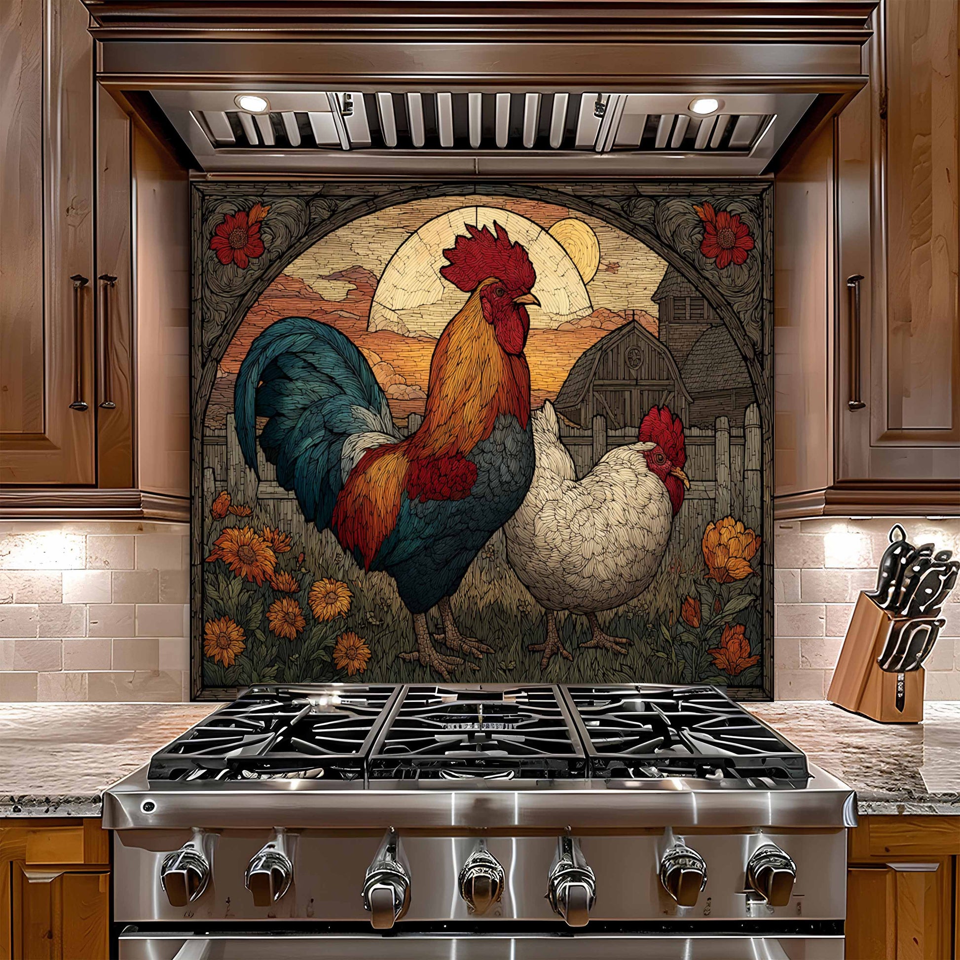 Stainless steel gas stove with decorative rooster and hen tile above it in a kitchen setting.