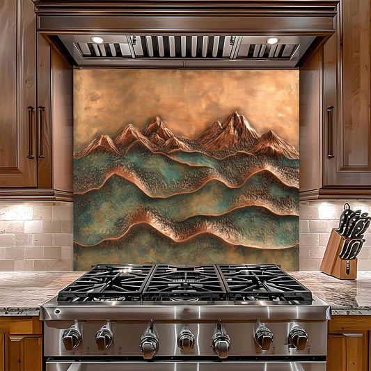 Stainless steel gas stove with decorative mountain glass backsplash in a kitchen setting
