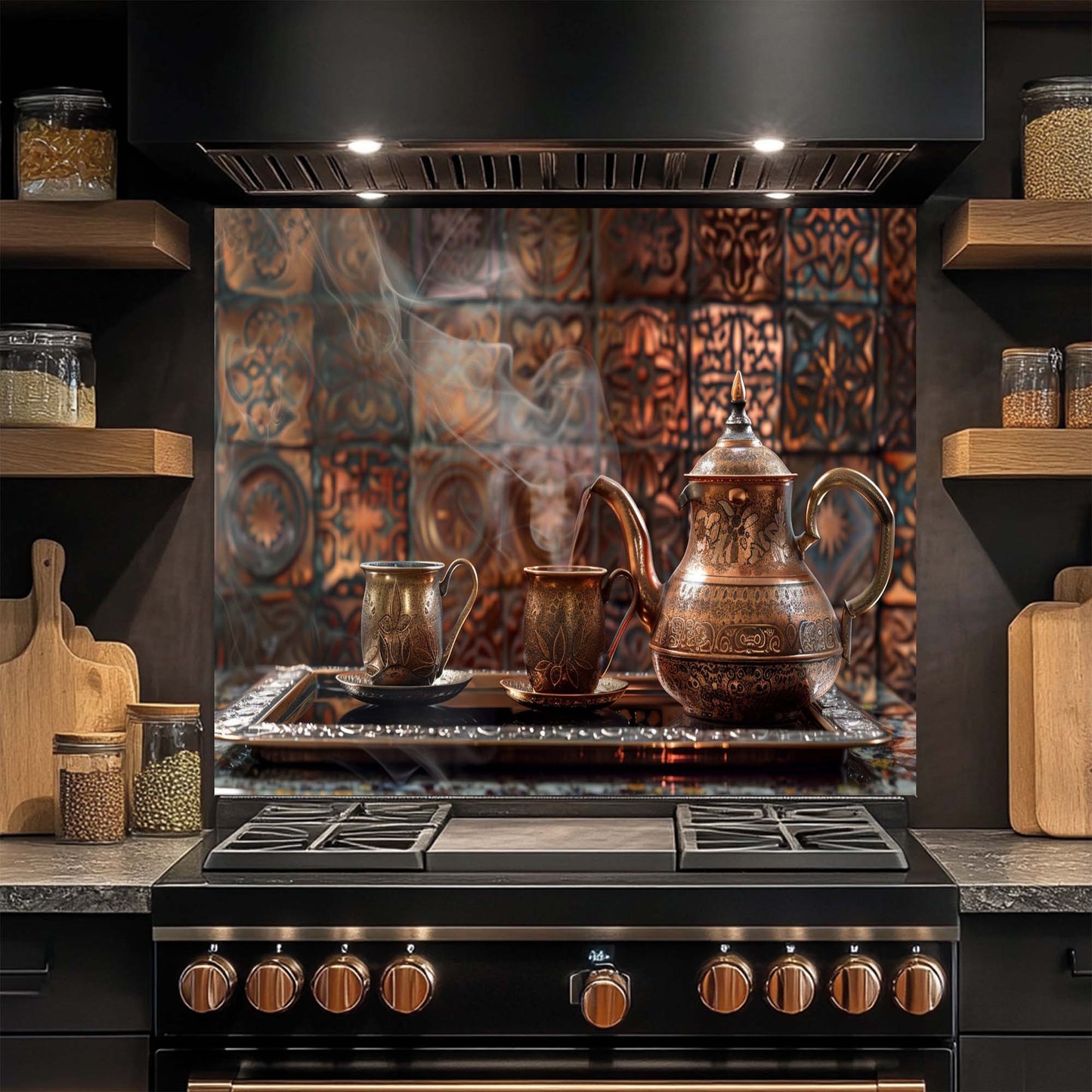 Stovetop with copper pots and a decorative glass backsplash in a kitchen setting.