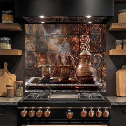 Stovetop with copper pots and a decorative glass backsplash in a kitchen setting.