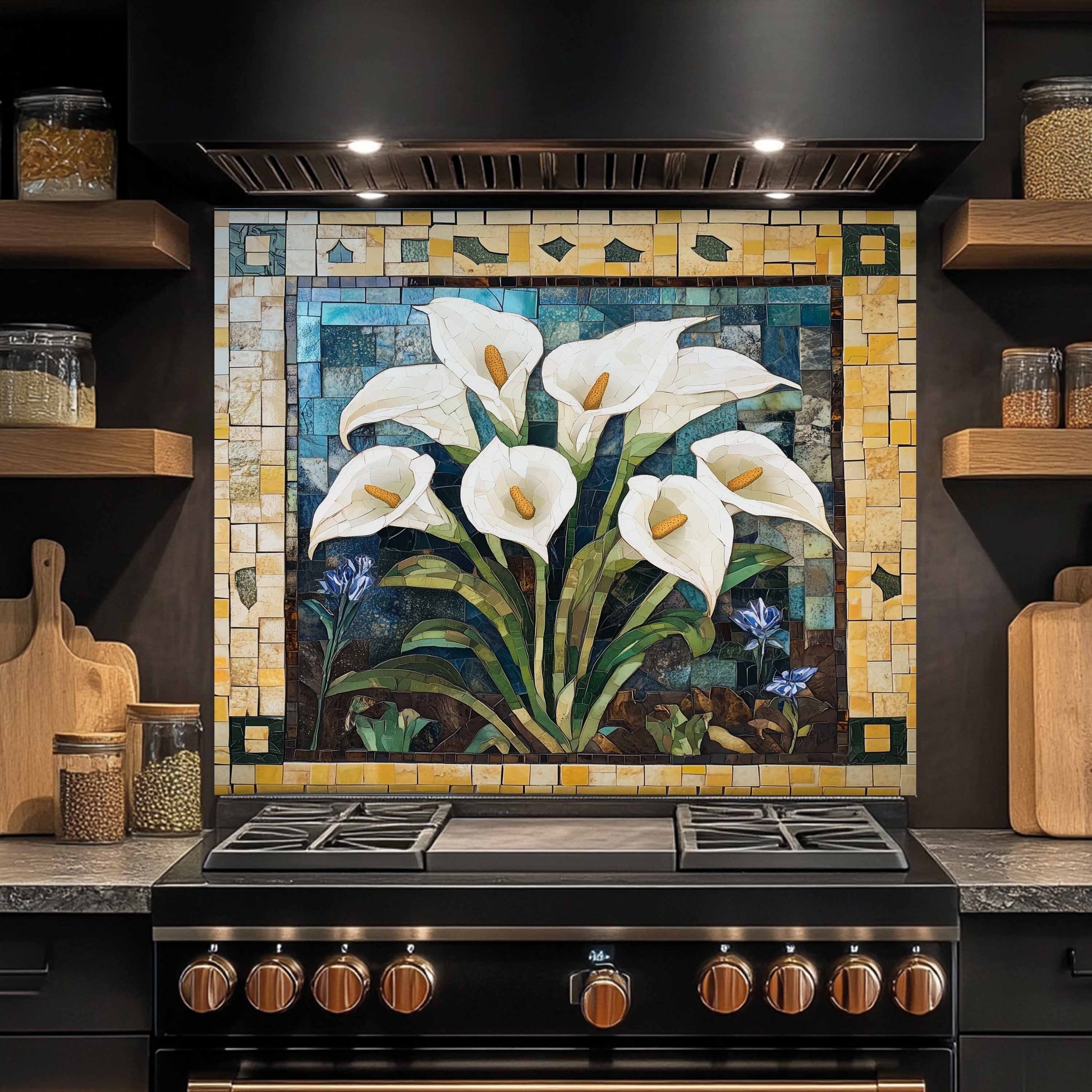 Kitchen stove with a decorative mosaic look backsplash featuring white flowers on the wall.