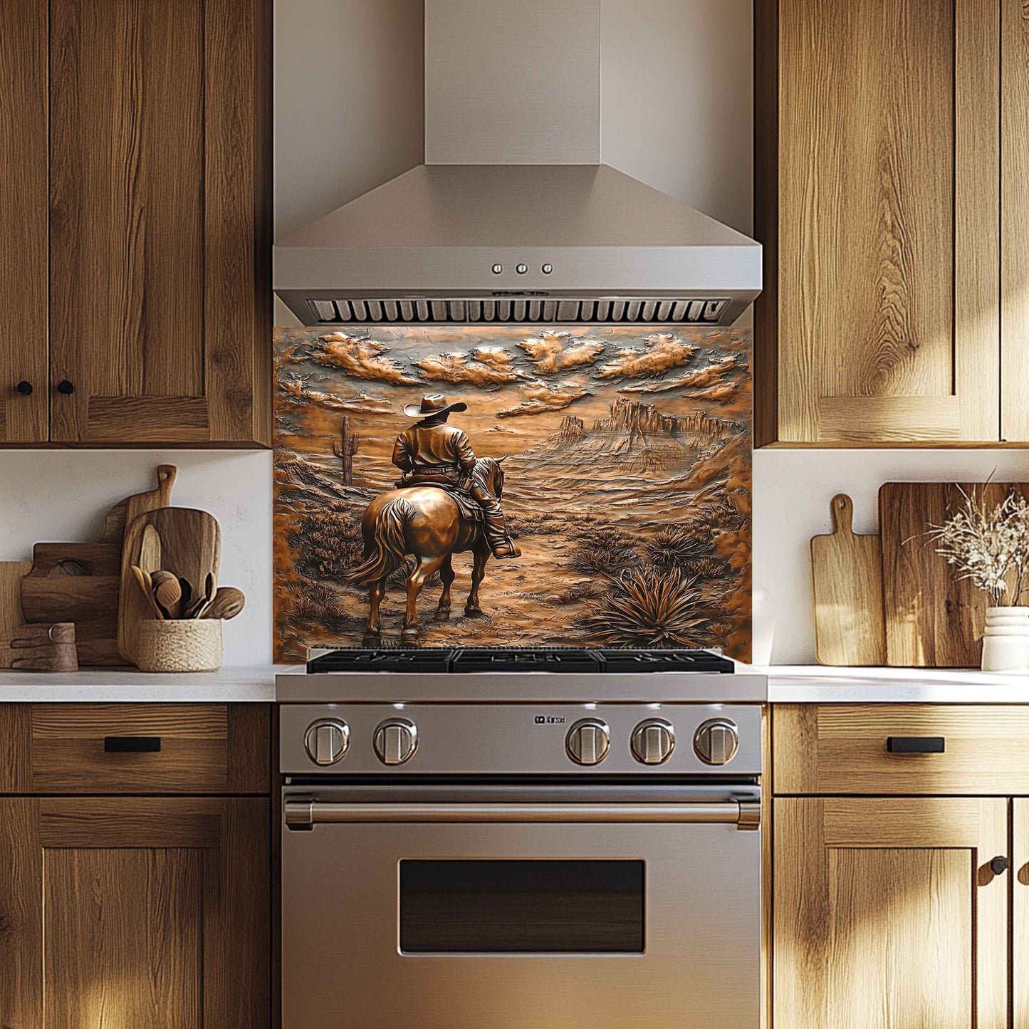 Kitchen with wooden cabinets, a decorative backsplash, and stainless steel appliances.