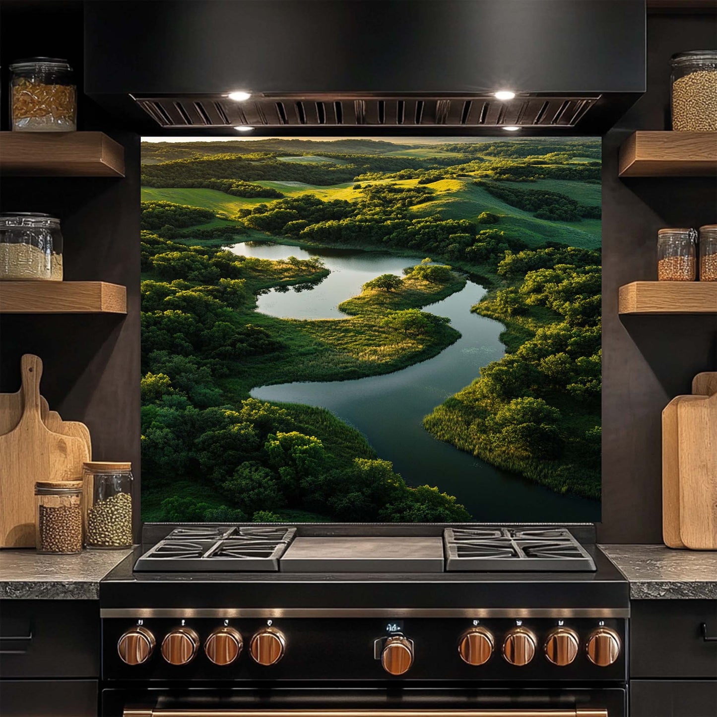 Forest river landscape printed on tempered glass backsplash. Glossy, vibrant, custom fit for kitchen walls.