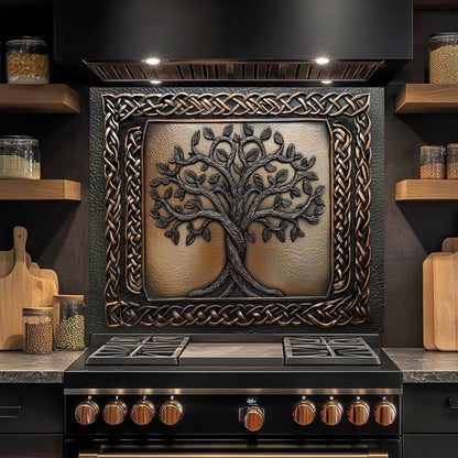 Decorative kitchen stove with tree of life design on a metallic background