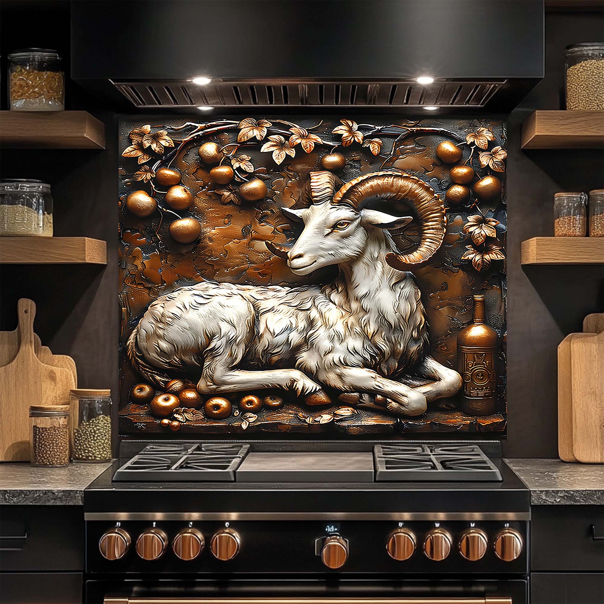 Decorative glass backsplash with a ram design above a stove in a kitchen.