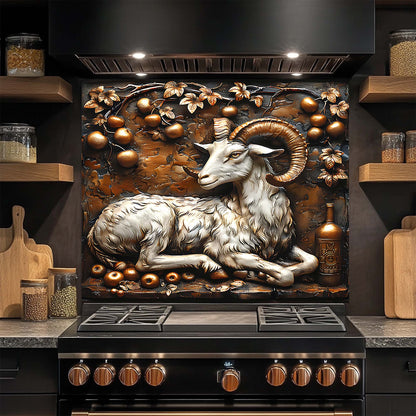 Decorative glass backsplash with a ram design above a stove in a kitchen.