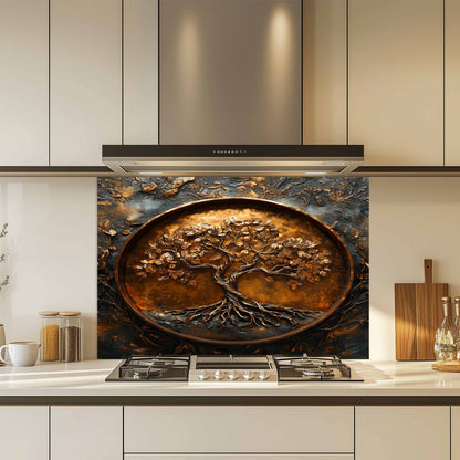 Decorative kitchen backsplash with tree design above a stove