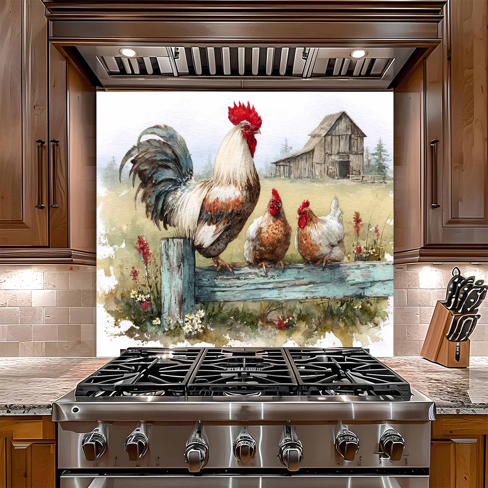 Stainless steel stove with a decorative glass backsplash featuring roosters and a barn.