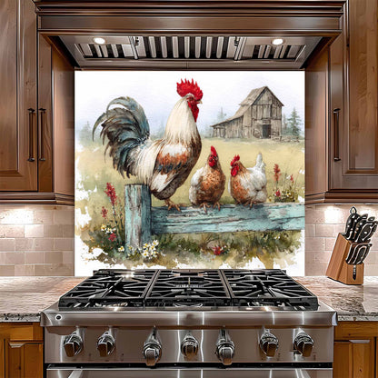 Stainless steel stove with a decorative glass backsplash featuring roosters and a barn.