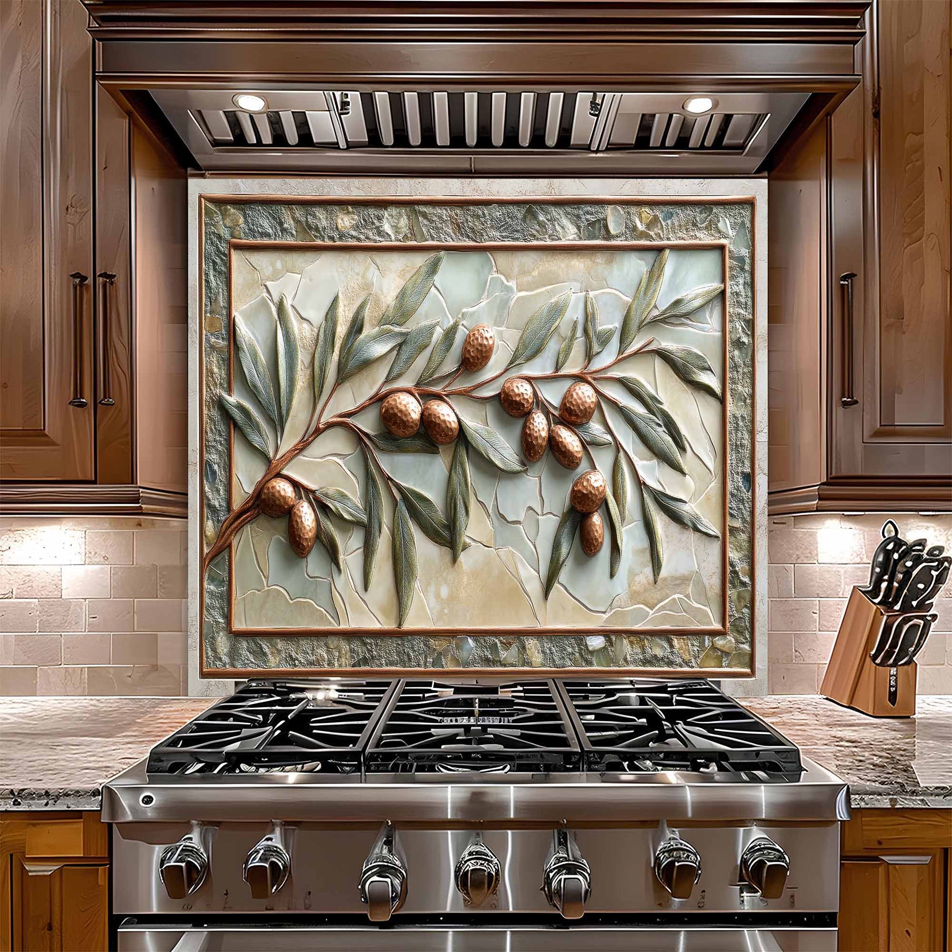 Stainless steel gas stove with decorative glass backsplash featuring leaves and acorns in a kitchen setting.