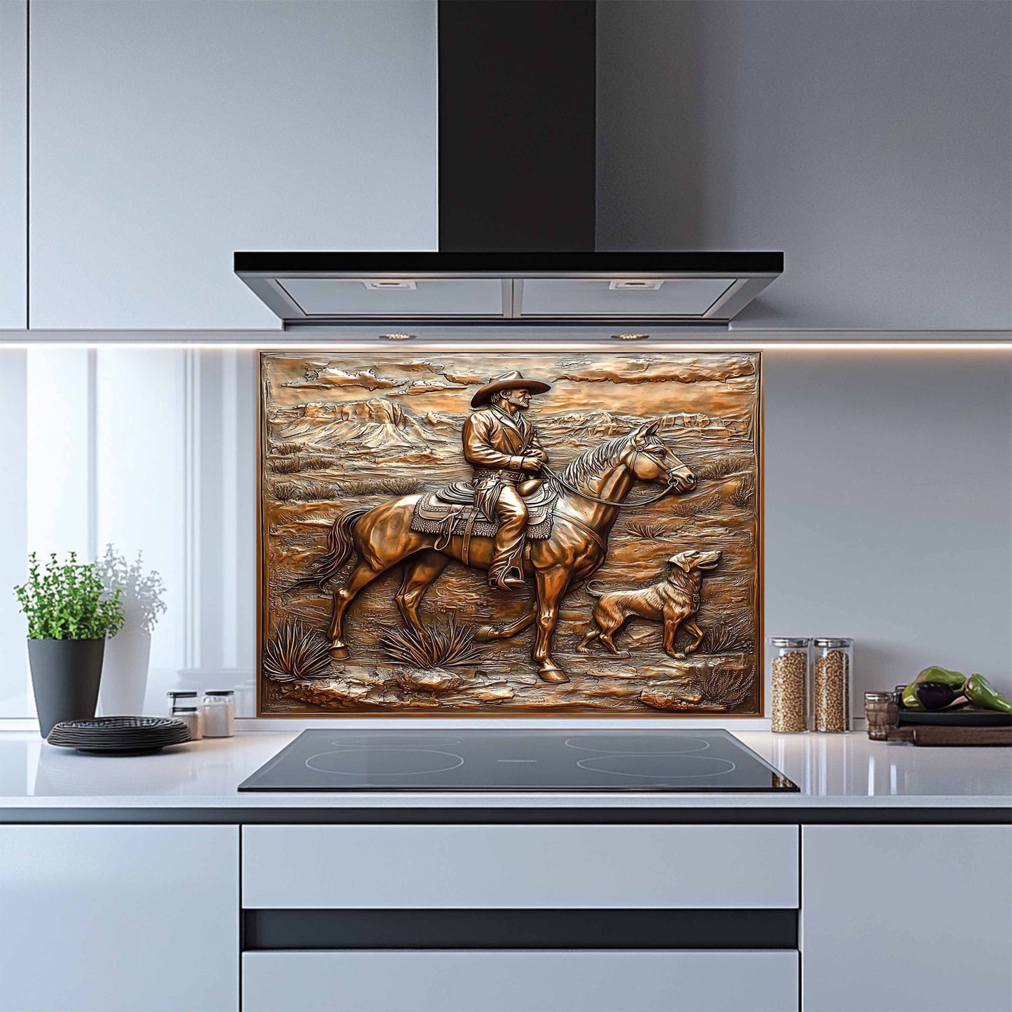 Decorative backsplash of a cowboy on horseback in a modern kitchen.