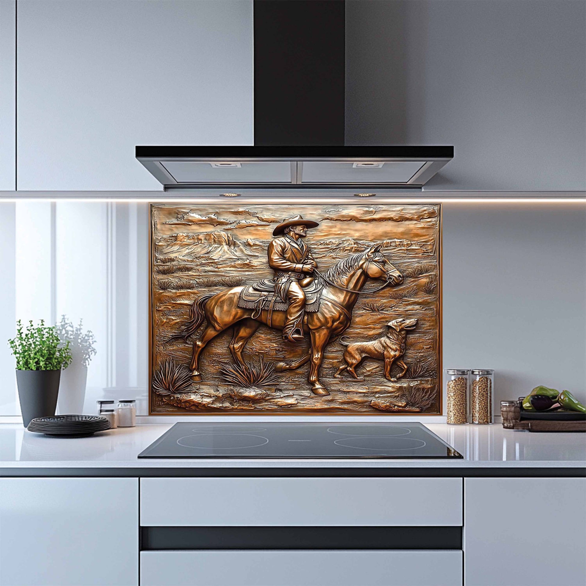 Decorative backsplash of a cowboy on horseback in a modern kitchen.