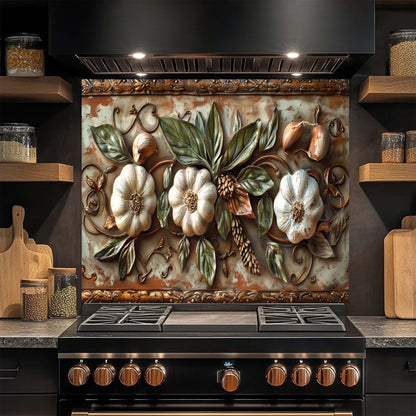 Decorative glass backsplash with pumpkins and leaves above a stove in a kitchen.
