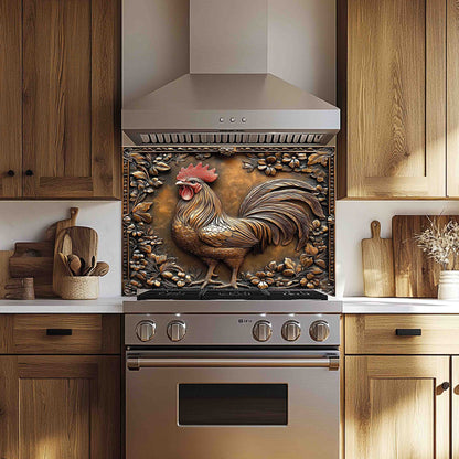 Oven glass backsplash with a rooster design in a kitchen setting