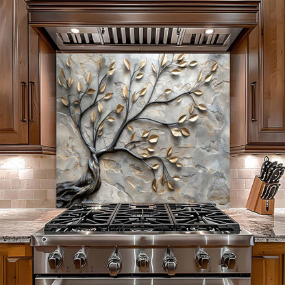 Stainless steel stove with decorative glass backsplash in a kitchen setting