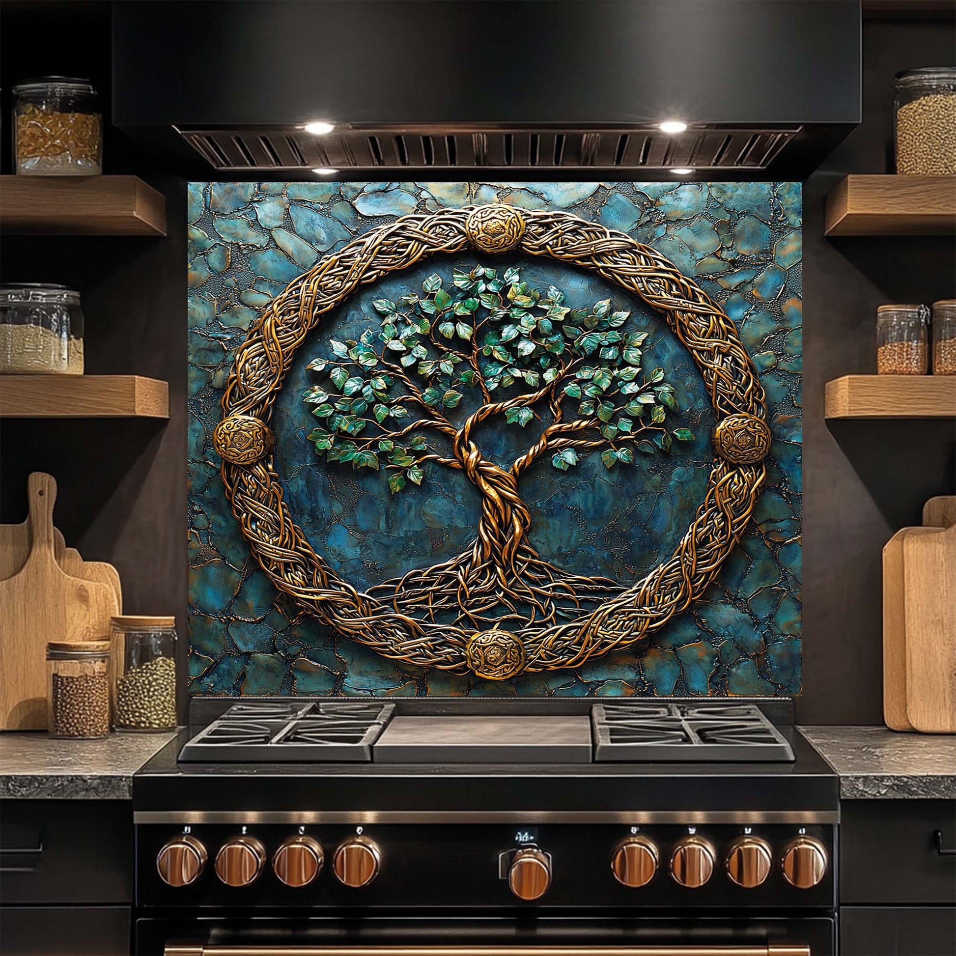 Decorative glass backsplash above a stove in a kitchen setting