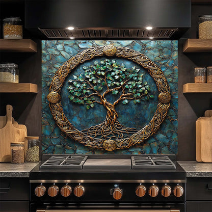 Decorative glass backsplash above a stove in a kitchen setting