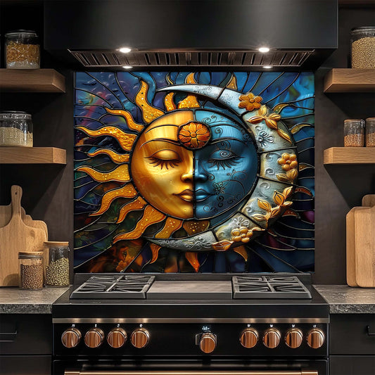 Decorative glass backsplash with sun and moon design above a stove in a kitchen.
