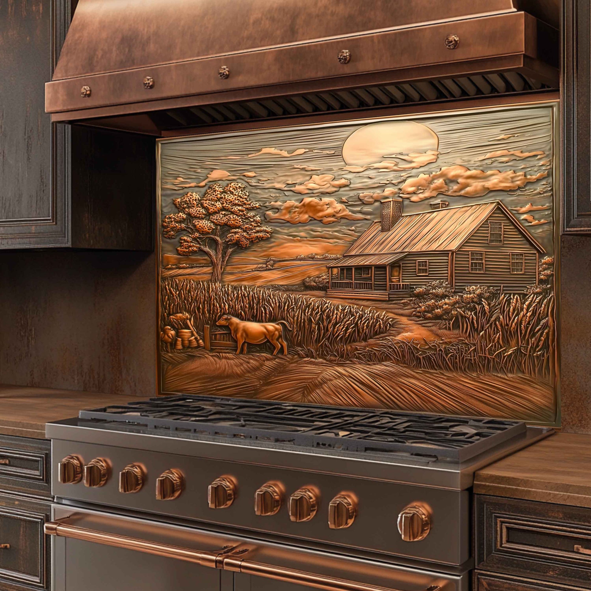Stainless steel stove with decorative landscape glass panel on the backsplash