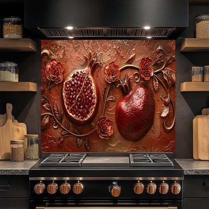 Decorative glass backsplash with pomegranate design above a stove in a kitchen.