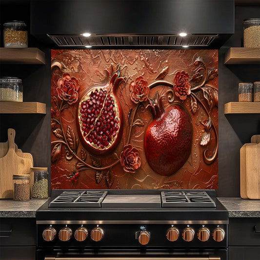 Decorative glass backsplash with pomegranate design above a stove in a kitchen.