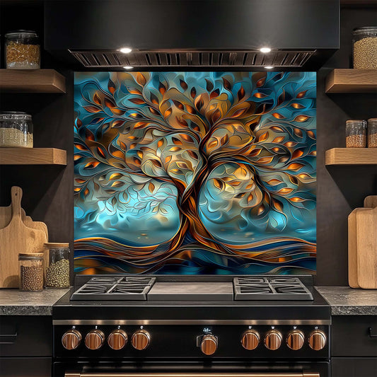 Decorative glass splashback with tree design in a kitchen setting