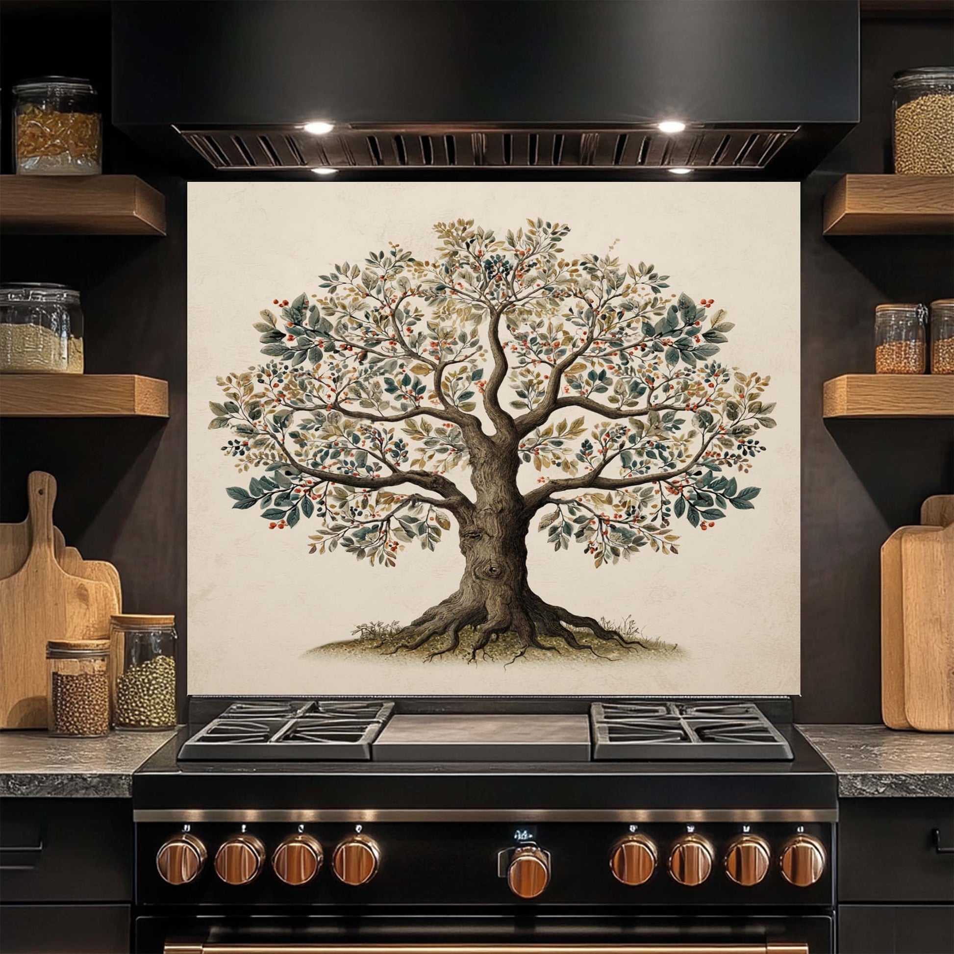 Botanical Tree of Life glass backsplash with soft earthy tones. Elegant and functional stove backsplash.