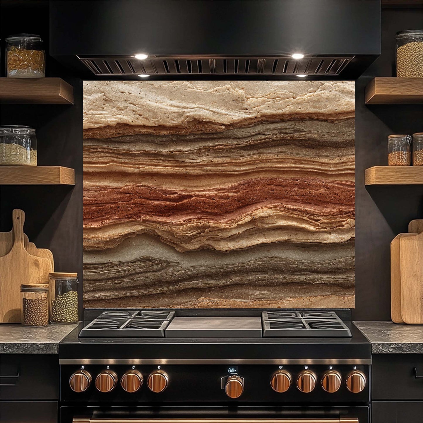 Kitchen stove with a decorative glass backsplash and wooden shelves.