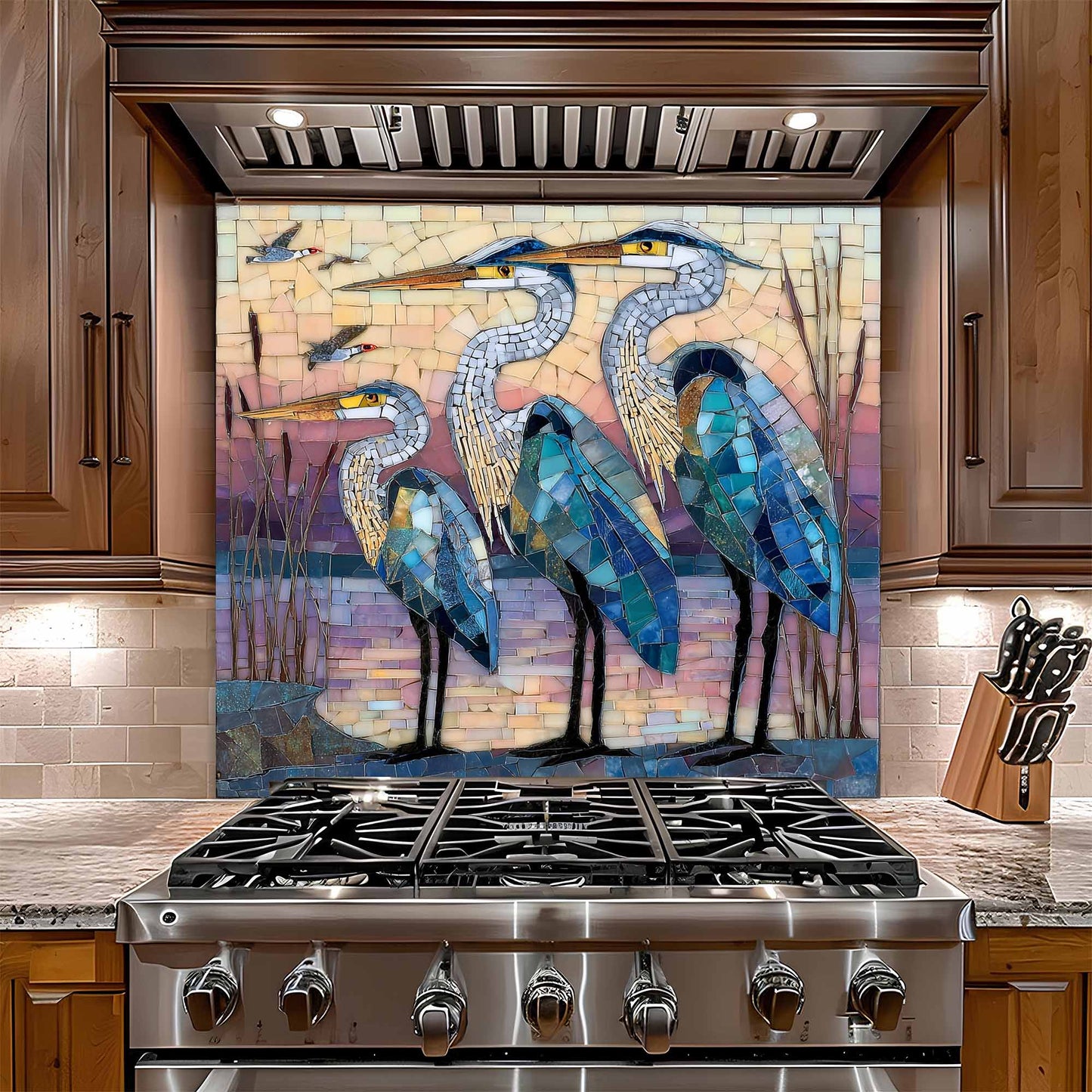 Stainless steel gas stove with a decorative glass backsplash featuring blue herons in a kitchen setting.
