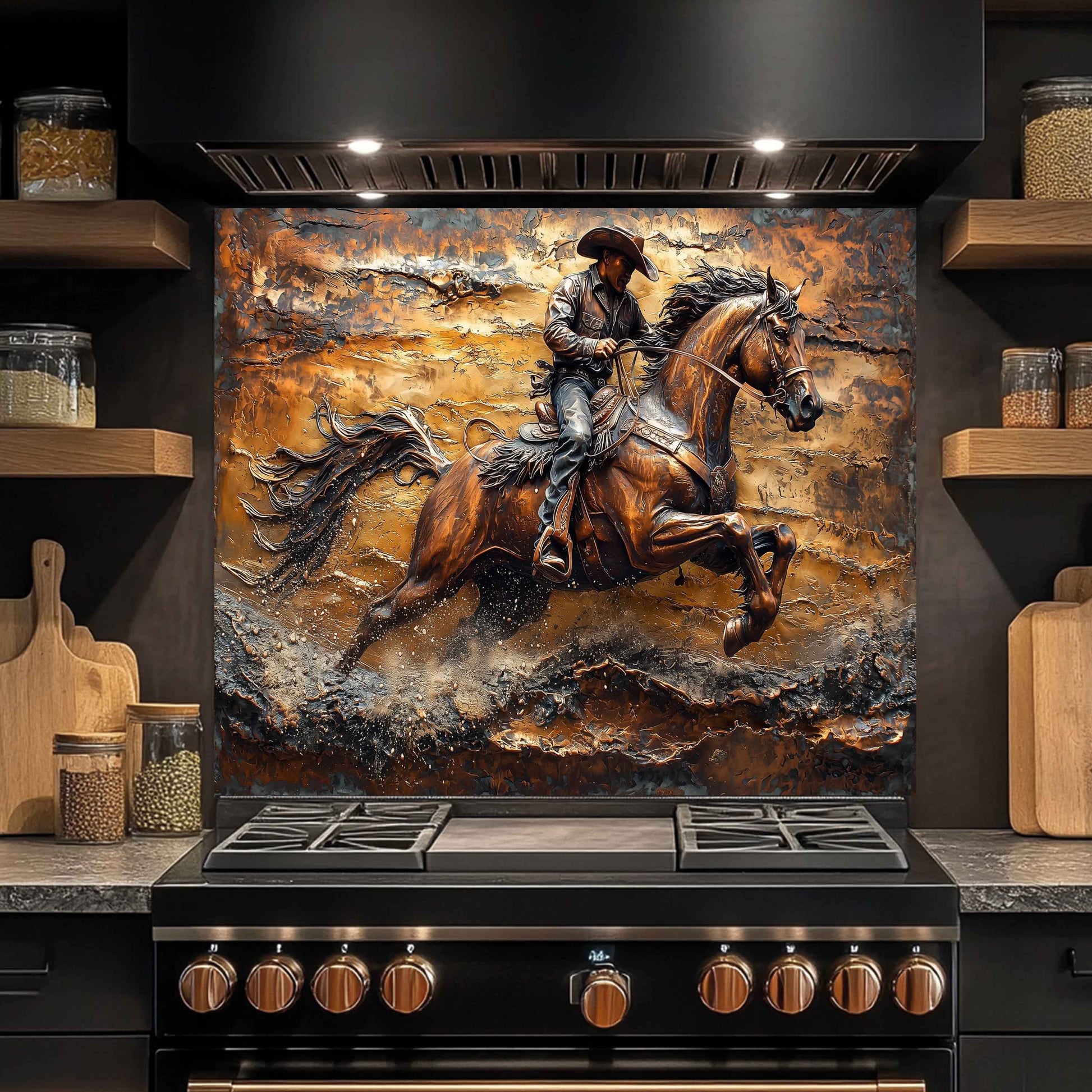 Stainless steel oven with cowboy and horse splashback on a metallic background
