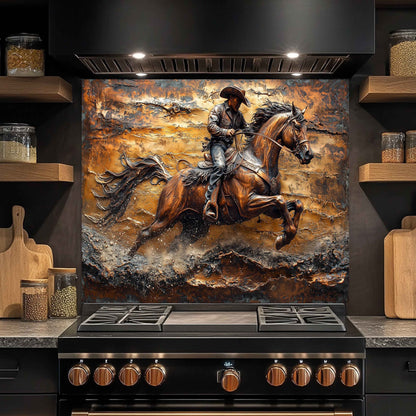 Stainless steel oven with cowboy and horse splashback on a metallic background