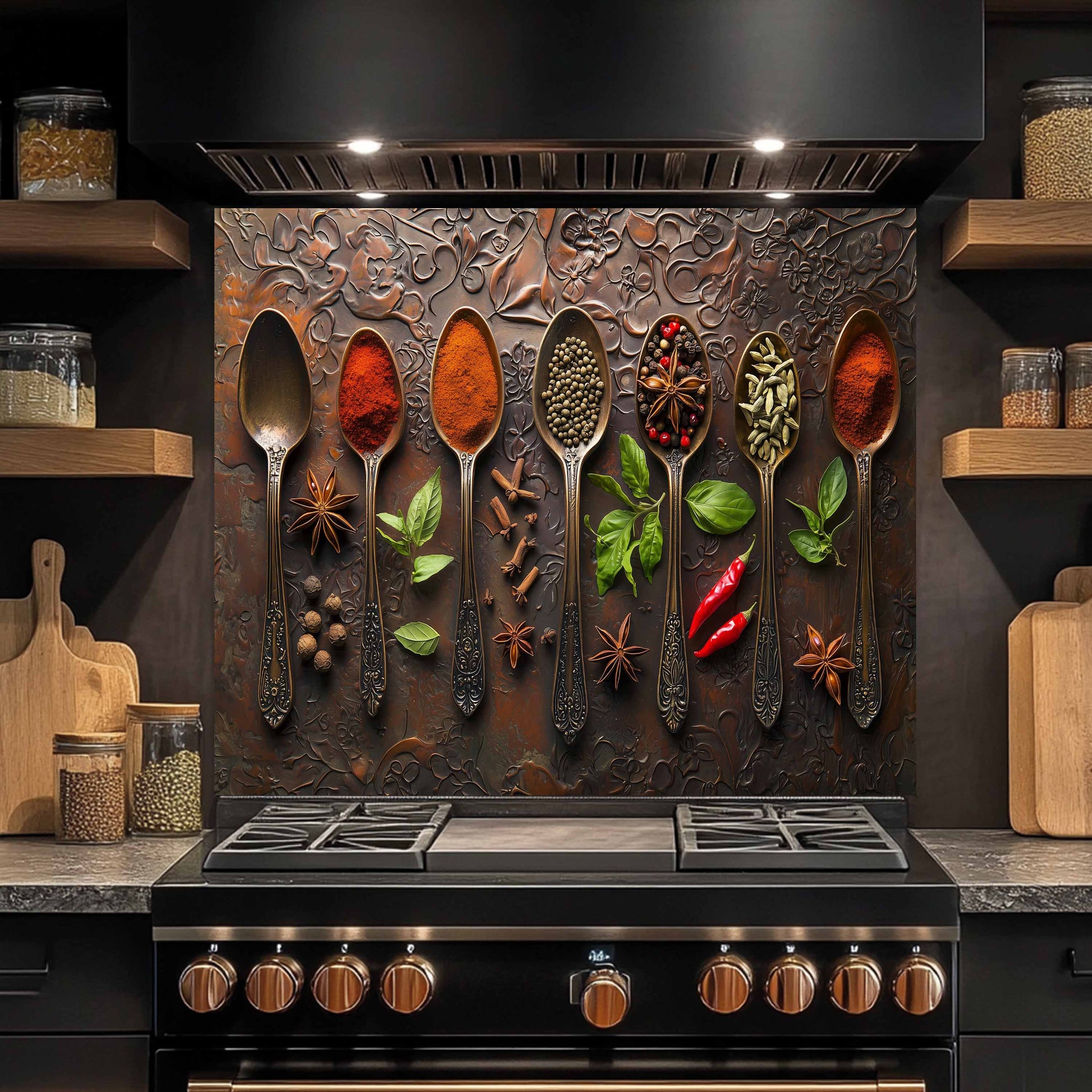 Decorative backsplash with spoons and spices above a stove in a kitchen.